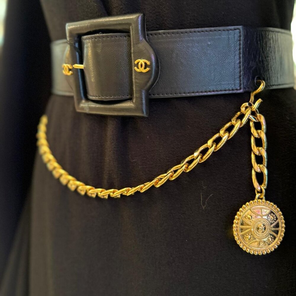 Vintage CHANEL Wide, Black Leather Waist Belt with Gold Chain